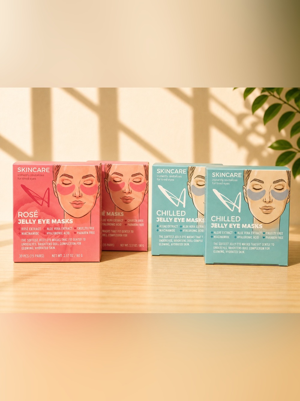 4 Pack Rosé Chilled Jelly Eye Masks Under Eye Skincare Bundle